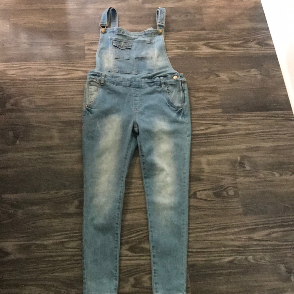 light blue overalls